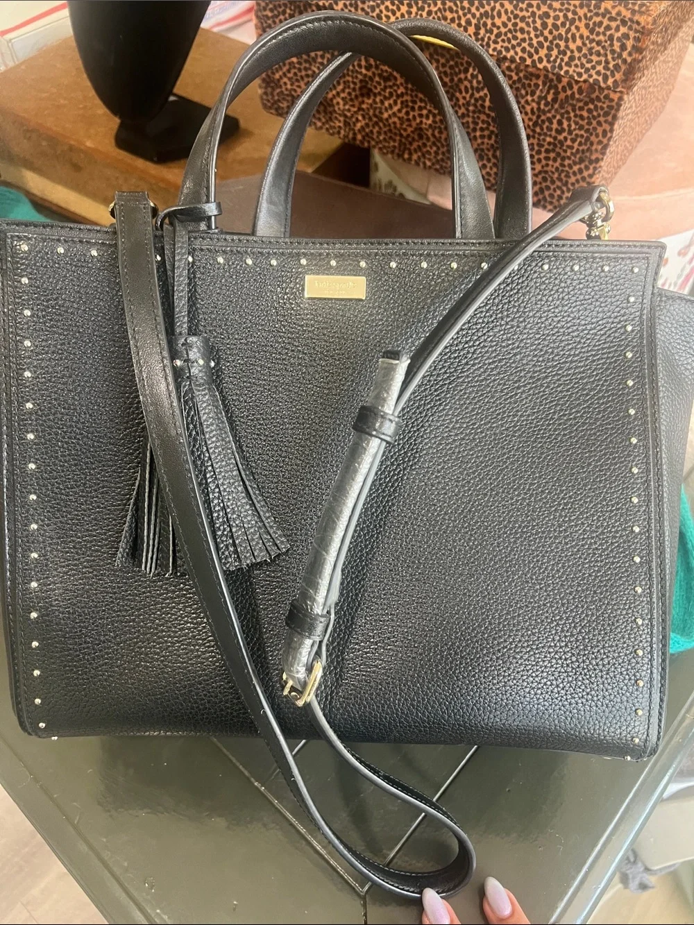 kate spade Black Pebbled Leather Satchel with Tassel and Stud Trim